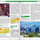 Texte im Bild: "SALT LAKE CITY", "UTAH", "GO IN", "Auf Fels gemalte Nachrichtenbörse", "GOBLIN VALLEY", "DEAD HORSE POINT STATE PARK", "SIGHTSEEING", "Eine beeindruckende Skyline". Links Felsmalereien, rechts Skyline.