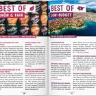 „BEST OF GRÜN & FAIR“ links, „BEST OF LOW-BUDGET“ rechts. Marmeladengläser links, Stadtansicht an der Küste rechts.