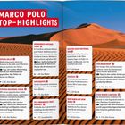 Aufschrift: "MARCO POLO TOP-HIGHLIGHTS". Hintergrund: Wüstenlandschaft mit Dünen. Verschiedene Reiseziele mit kurzen Beschreibungen.