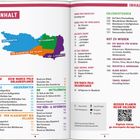 Inhalte: Links farbige Karte mit Regionen, rechts Abschnittsüberschriften. QR-Code unten rechts: "Besser planen. Mehr erleben!"