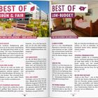 Text auf zwei Seiten: "BEST OF GRÜN & FAIR" mit Blatt-Icon, "BEST OF LOW-BUDGET" mit Sparschwein-Icon. Verschiedene Tipps.