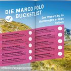 DIE MARCO POLO BUCKETLIST: Erlebnisse in Montenegro. Links Berge, rechts Aktivitätenliste in Pink.