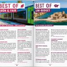 "BEST OF GRÜN & FAIR" und "BEST OF LOW-BUDGET" in großen Buchstaben. Links Zug, rechts Küstenburg.