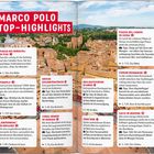 MARCO POLO TOP-HIGHLIGHTS: Piazza dei Miracoli, Pompeji, Dolomitenstraße. Tipps und Seitenzahlen für diverse Sehenswürdigkeiten. Im Hintergrund eine Stadtansicht.