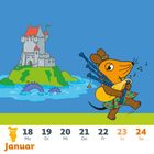 Kalender: Woche 3, Januar, 18 Mo bis 24 So. Illustration: Maus spielt Dudelsack, Schloss, See mit Monster.