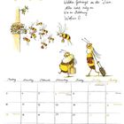 Ein Kalenderblatt für Mai mit einer Illustration von Bienen, die Koffer tragen. Handgeschriebener Text beschreibt Sommer.
