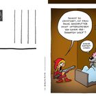 Illustration mit Rotkäppchen und Wolf im Bett. Text: "Denkst du ernsthaft, ich kann... Wolf?" Wolf denkt: "Scheiss Kontaktlinsen."