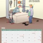 Oben: „Kann ich noch mal eine etwas leichtere Hantel ausprobieren?“ Zwei Männer, Hantel, durchgebrochener Boden. Unten: Kalender Mai.