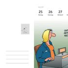 JANUAR Kalender. "Ich hab sie unter der Käsetheke gefunden, aber sie ist nicht ausgezeichnet..." Illustration mit einer Frau an der Kasse und einer Katze, die eine Maus hält.