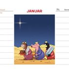 Kalenderseite: Januar, 4.1. bis 10.1. Illustration: Drei Königstiere mit Gaben unter einem Sternenhimmel.