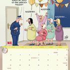 Dialoge: "Aber nun hören Sie doch! Ich bin wirklich Polizist!" und rufende Frauen: "Ausziehen...".  
Illustration: Frauen in Feierkleidung jubeln einem Polizisten zu, mit Ballons und Girlanden dekoriert. Unten: Maikalender.