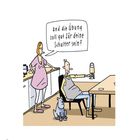 Eine Frau fragt: "Und die Übung soll gut für deine Schulter sein?" Mann hält ein Bier, Hund sitzt daneben. Comic-Stil.