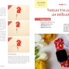 „Smartwatcharmband“ steht zentral. Materialliste: Helllila, Rot, Gelb. Anleitung in drei Schritten mit Bildern. Florale Deko.