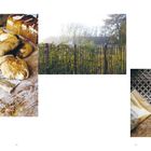 Links unten Brote auf Holzbrett, rechts oben Gartenzaun mit Pflanzen, rechts unten Espresso mit Löffel und Lakritztüte.