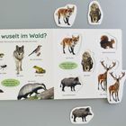 "Wer wuselt im Wald?" Tiere und ihre Namen: Salamander, Wolf, Eichelhäher, Frosch, Dachs, Fuchs, Eule, Wildschwein, Hirsch.