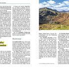 Text oben: "Yr Wyddfa/Der Snowdon". 

Das Bild zeigt eine weitläufige Gebirgslandschaft mit grünen Wiesen, Felsen und einem klaren Himmel. Links befindet sich eine strukturierte Textübersicht mit Informationen über Wanderwege und die Bedeutung der Region. Rechts im Bild sieht man einen Pfad, der durch die hügelige Landschaft führt.