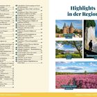 Texte: "Highlights in der Region", "Holstentor Lübeck", "Schlei Arnis", "Nationalpark Jasmund Rügen", "Lüneburger Heide Undeloh". Links eine Liste mit Orts- und Stellplatznamen. Rechts Bilder von Sehenswürdigkeiten: Tor, Küstenlinie, Flusslandschaft und Heide.