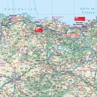 Beschriftungen wie "Santander", "Bilbao", "Pamplona"; zahlreiche Städte und Straßen; die Küste Spaniens und Frankreichs.