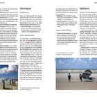 Auf Seite 74 steht "Wassersport", auf Seite 75 "Radfahren". Es gibt Infos zu Schwimmbädern, Kitesurfen und Radwegen. Unten ist ein Strand mit zwei Personen, die Kitesurfen.