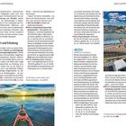 Die Texte "Sport und Erholung" und "Moderner Saunieren" erscheinen mehrfach. Auf der rechten Seite sind Menschen am Strand und Wasser.