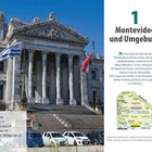 Montevideo und Umgebung. Karte von Uruguay. Neoklassizistisches Gebäude mit Flaggen. Autos stehen davor.