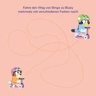 „Fahre den Weg von Bingo zu Bluey mehrmals mit verschiedenen Farben nach!“ Zwei Hunde auf Rollern, gepunktete Linie.