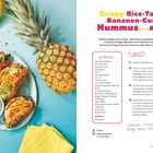 Crispy-Rice-Tacos mit Bananen-Curry-Hummus und Ananas. Zutatenliste und Anleitung. Links Bananen, Ananas, Tacos auf Teller.