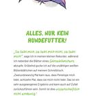 ALLES, NUR KEIN HUNDEFUTTER! Illustration: Ein lila Monsterkopf mit großen, fragenden Augen. Darunter Text über Liebe und Zufall.