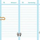 Links Wochentage: Montag bis Freitag, 10. bis 14. Rechts Kalender. Illustrationen: Schlange, Bär, Fotograf mit Papagei.