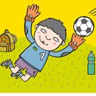 Illustration: Ein lachender Torwart im blauen Trikot mit der Nummer 1 hält einen Fußball. Links ein Rucksack, rechts eine Flasche.