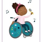 Eine fröhliche Illustration: Kind im Rollstuhl, singt ins Mikrofon, umgeben von Musiknoten und Sternen.