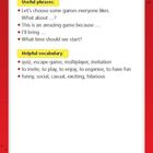 Texte: "Useful phrases" mit Beispielen wie "Let’s choose some games...", "Helpful vocabulary" mit Wörtern wie "quiz, escape game". Hintergrund in Rot.