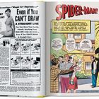 Links: "DRAW THE FIRST DAY" Werbung. Rechts: "SPIDER-MAN!" Comicseite mit Gruppe von Jugendlichen und Silhouette an der Wand.