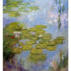 07 – Seerosen auf Wasser. Impressionistisches Gemälde mit grünen Seerosen und blauem Wasser.