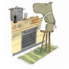 Ein Nilpferd in einer Küche steht auf einem Hocker, trägt eine Schürze und bereitet Gemüse auf einer Theke vor.