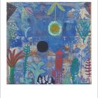 Monat Juli auf Kalender unten, bunte abstrakte Landschaftsillustration oben in Blau- und Grüntönen.