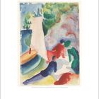 Juli. Kalenderblatt mit einem farbenfrohen Gemälde von 1917, das Menschen in einer Landschaft darstellt.