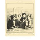 Text oben: "CROQUIS PARISIENS". Unten Dialog zwischen zwei Männern im Gerichtssaal. Illustration mit Zuschauern im Hintergrund.