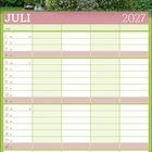 JULI 2027. Kalender mit Gartenmotiv. Oben blühende Rosen und grüne Blätter, darunter Monatsübersicht in Pastelltönen.
