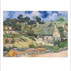 Gemälde mit hügeliger Landschaft, strohgedeckten Häusern, lebhaften Bäumen und einem bewegten Himmel im Stil von Van Gogh.