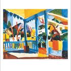 Kalenderblatt für den 7. Monat; Aquarell eines bunten Balkons mit blauen Säulen und bunter Landschaft im Hintergrund.