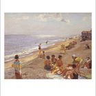 Text: "7". Eine Strandillustration: Menschen entspannen am Meer, einige im Wasser, andere sitzen in Badekleidung am Sandstrand.