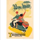 „ALTE ERFAHRUNGEN – NEUE FORMEN, TÄSCHNERWAREN FÜR REISE UND SPORT“. Illustration: Zwei Personen auf einem Roller, Kutsche oben.