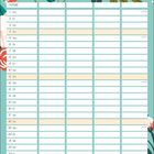 Kalendertabelle mit Wochentagen und Zahlen, Überschrift "Juli". Umgeben von bunten, stilisierten Blumen auf türkisem Hintergrund.