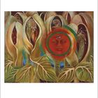 Im unteren Bereich sind Zahlen 1 bis 31. Gemälde mit buntem, geheimnisvollem Gesicht inmitten großer Blätter.