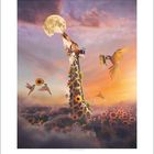 Kalenderblatt mit Zahlen von 1 bis 31 unten. Eine Illustration zeigt eine Giraffe mit Sonnenblumen, Schmetterlingen, Vögeln und Mond.