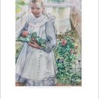 "Mein kleines Mädchen mit Erdbeeren", Gemälde von 1904. Ein Mädchen in weißem Kleid vor einem Gartenzaun und Wasser.