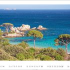 Kalenderblatt mit Juli-Daten. Küstenlandschaft, Meer, Felsen, Pinienbäume, klare blaue See, grüne Vegetation.