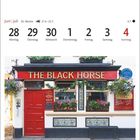 Oben: Juni | Juli, 26. Woche, 21.6.–22.7., Kalendertage 28–4. Unten: "THE BLACK HORSE" über einem traditionellen Pub.