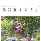 Juni | Juli, 28 Montag bis 4 Sonntag. Bunter Blumenstrauß im Freien auf Tisch mit Tassen und Stühlen.